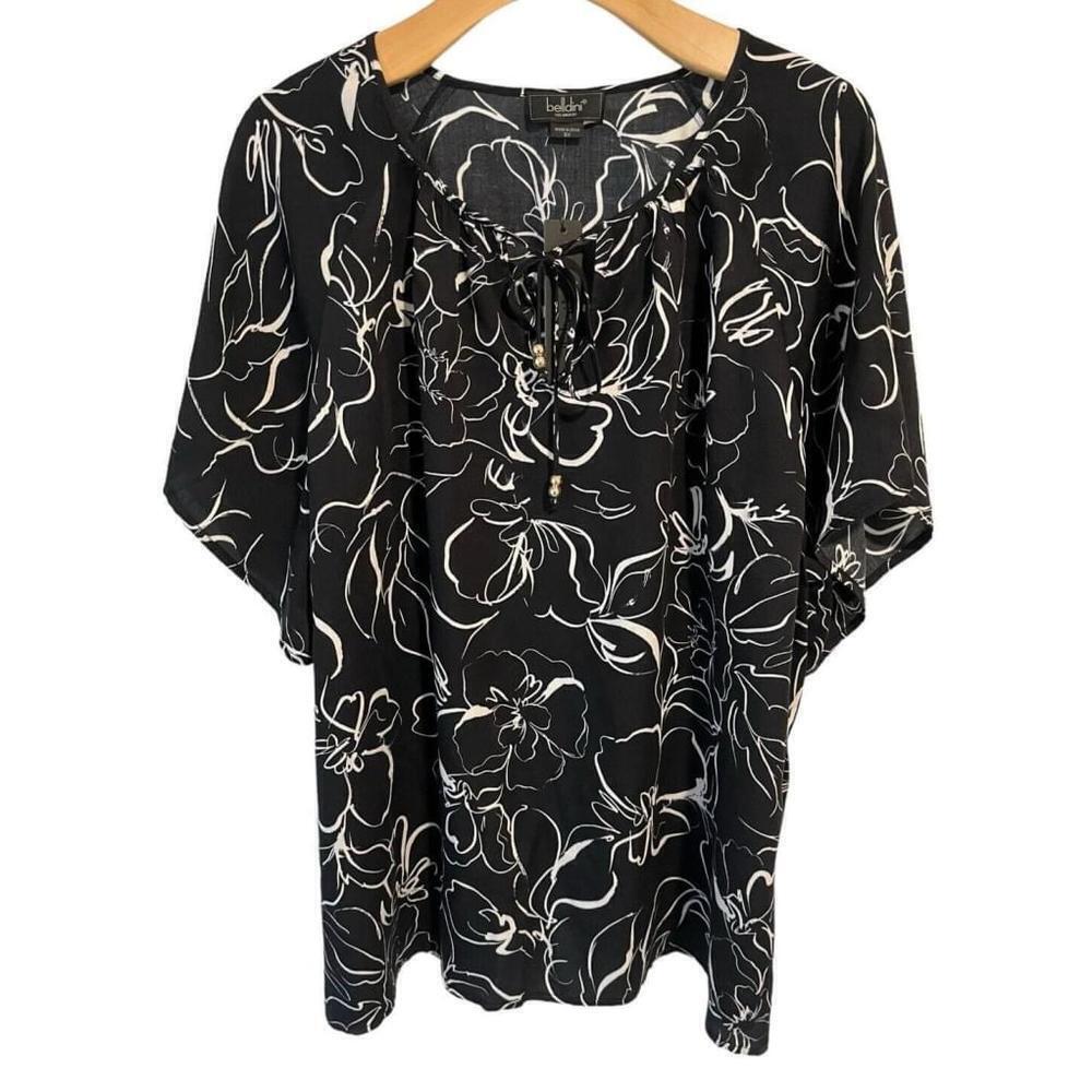 Belldini Blouse Women's 1X Black White Floral Peep Neck
